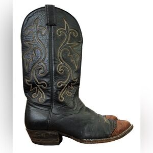 Hondo VINTAGE men’s cowboy boots blk lthr w brwn snakeskin pointed toes SZ 10D